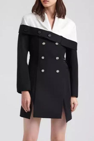 Woochic robe blazer croisée contrastée noir et blanc taille haute fente noir S